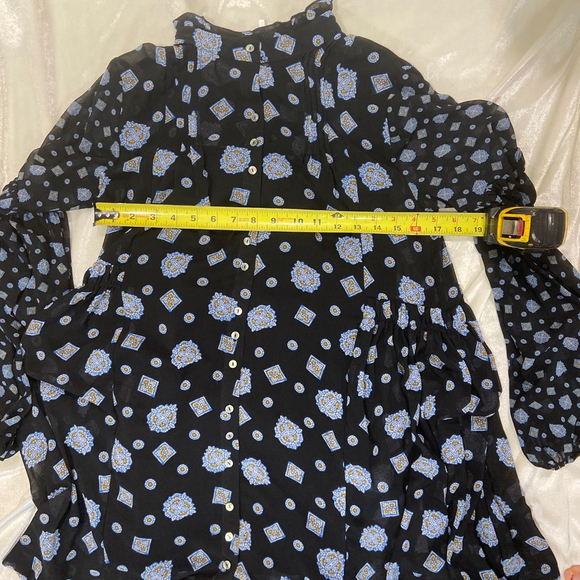 Free People Turn Turn Black Blue Medallion Boho Mini Dress Ruffle Mock Neck XS - Picture 11 of 13